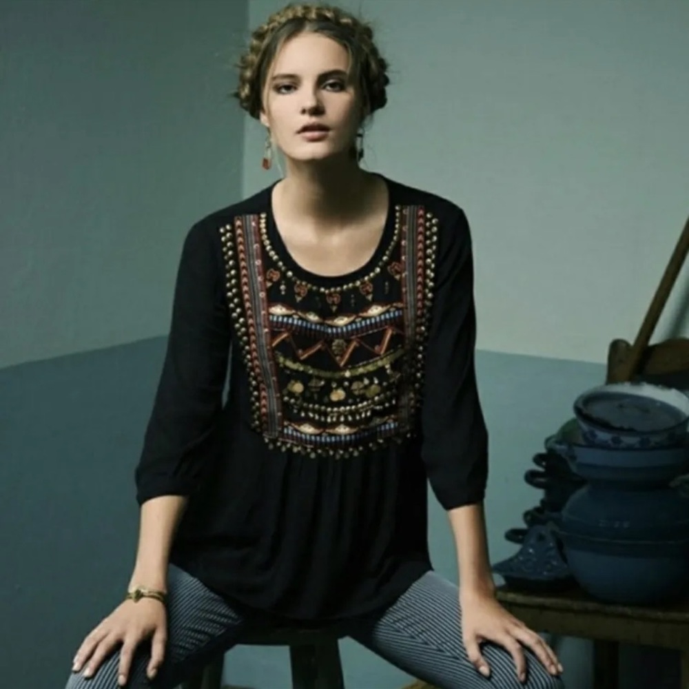 Anthropologie HD in Paris Ari peasant boho embellished blouse gauzy light 10 - Picture 3 of 6